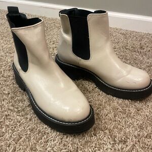 Cream Chelsea Platform Booties with Black Elastic Panels